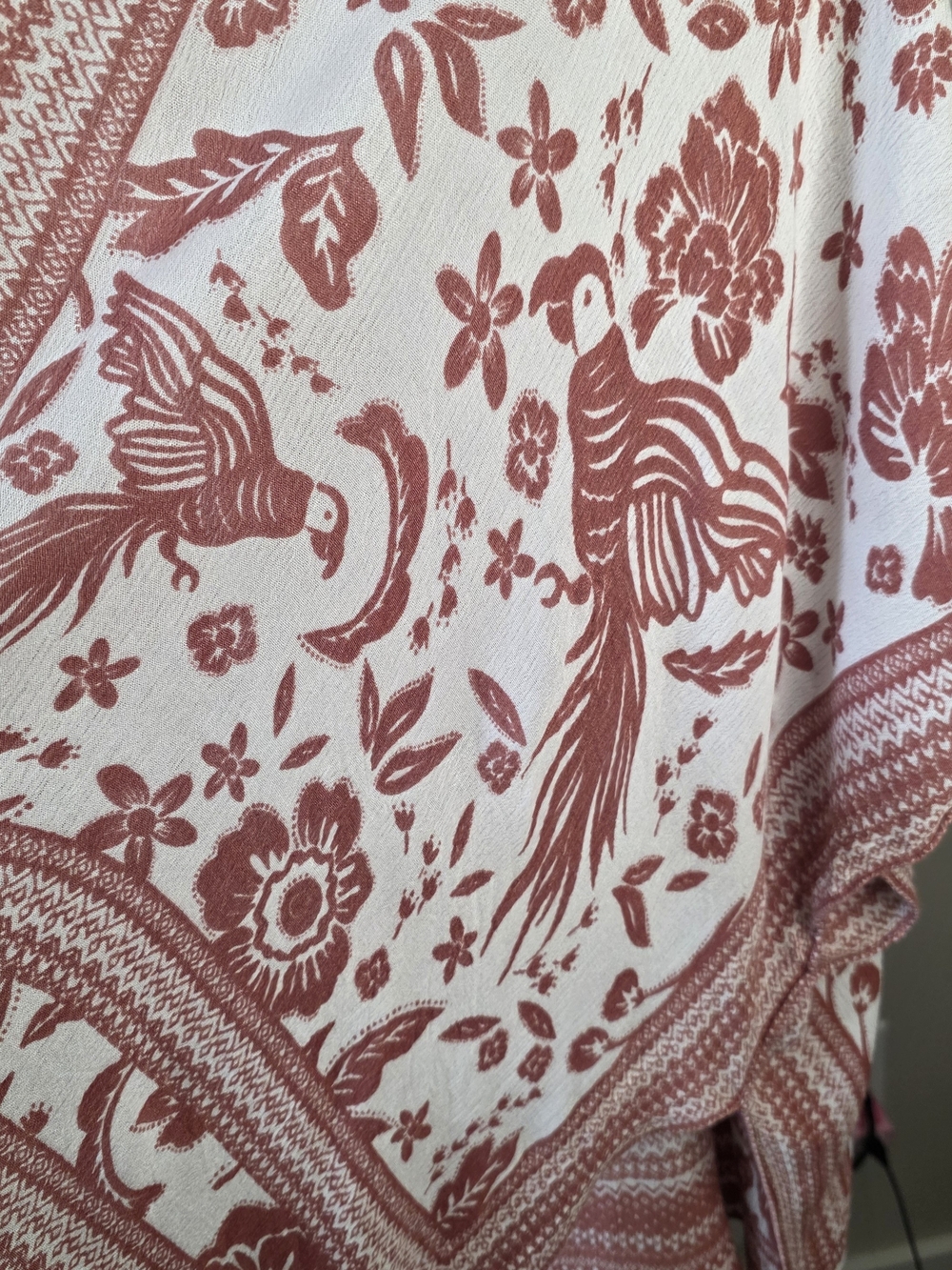 Vince Camuto Boho Bird Print Tassel Kimono | Coral & Ivory Open Front Cover Up - Picture 6 of 8